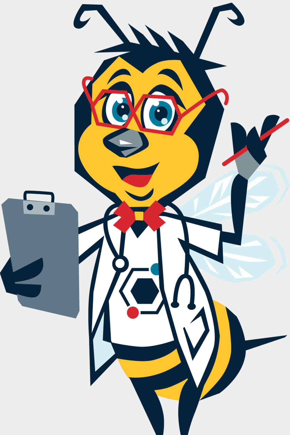 Beaker Bee mascot holding clip board