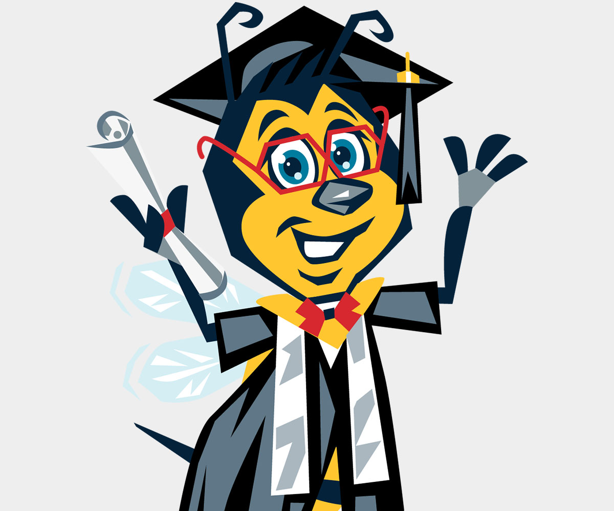 Beaker Bee mascot in graduation gown